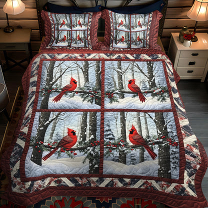 Snowy Cardinal Dreams Quilted Bedding Set