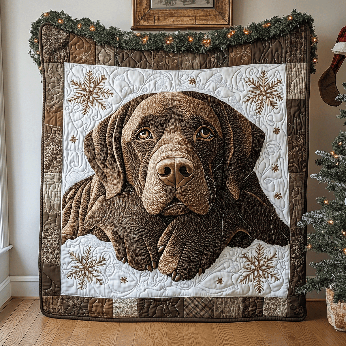 Snowy Chocolate Lab Quilted Blanket