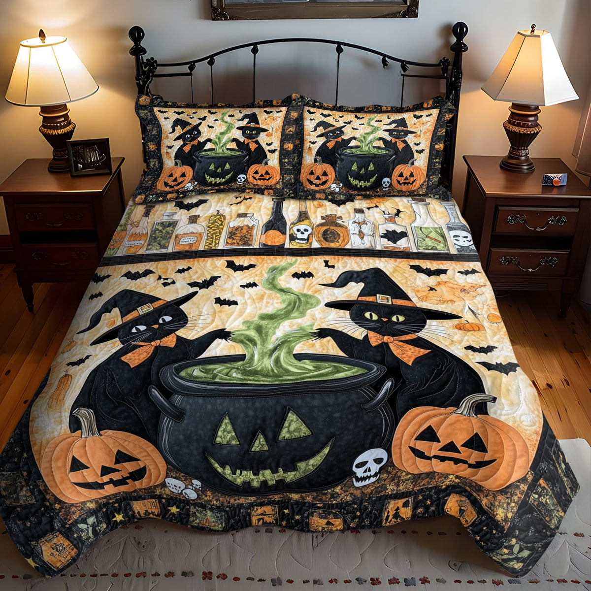 Spooky Cauldron Cats 3-Piece Quilted Bedding Set