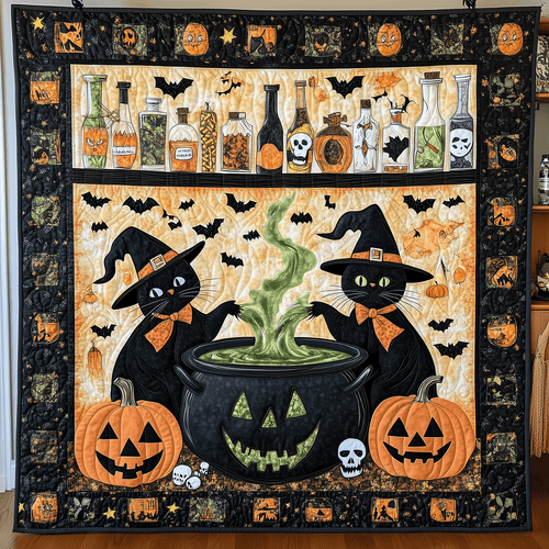 Spooky Cauldron Cats Quilted Blanket