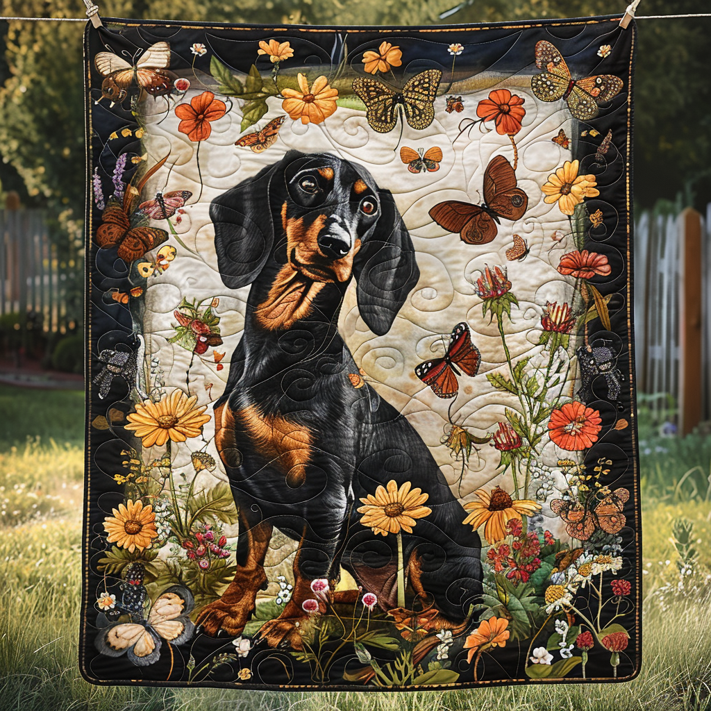 Springtime Dachshund Quilted Blanket