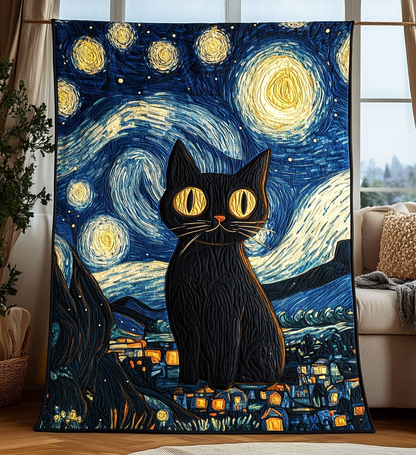 Starry Night Cat Quilted Blanket