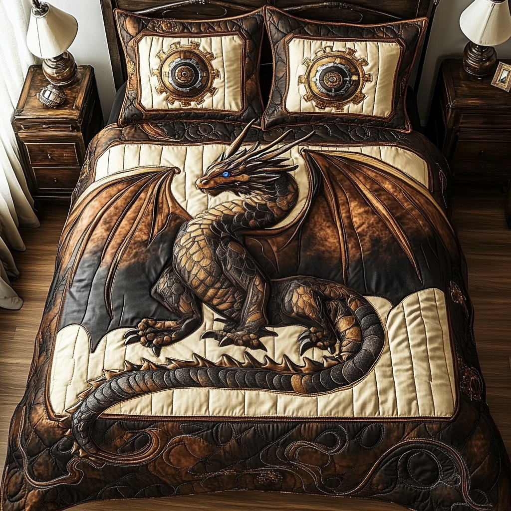 Steampunk Dragon 3-Piece Quilted Bedding Set