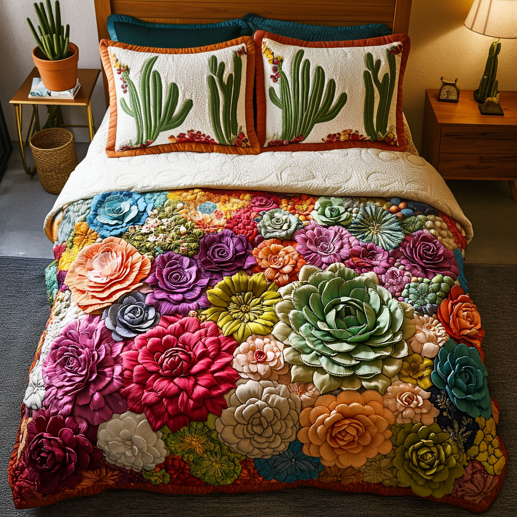Succulent Symphony 3-Piece Quilted Bedding Set