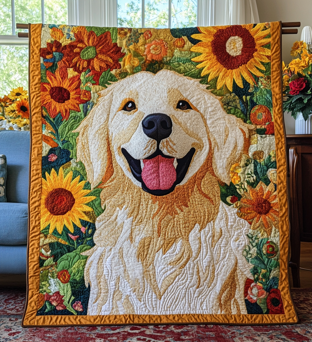 Sunflower Golden Retriever Quilted Blanket