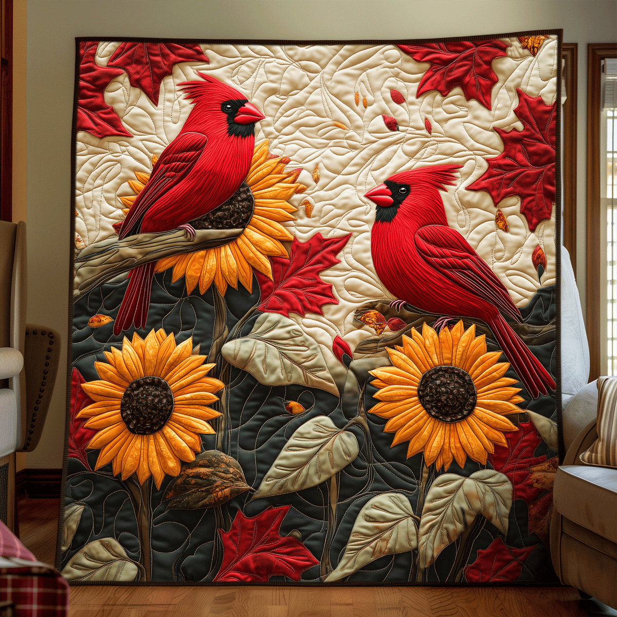 Sunflower Cardinal Quilted Blanket