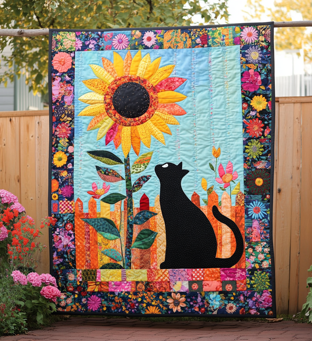 Sunflower Cat Quilted Blanket