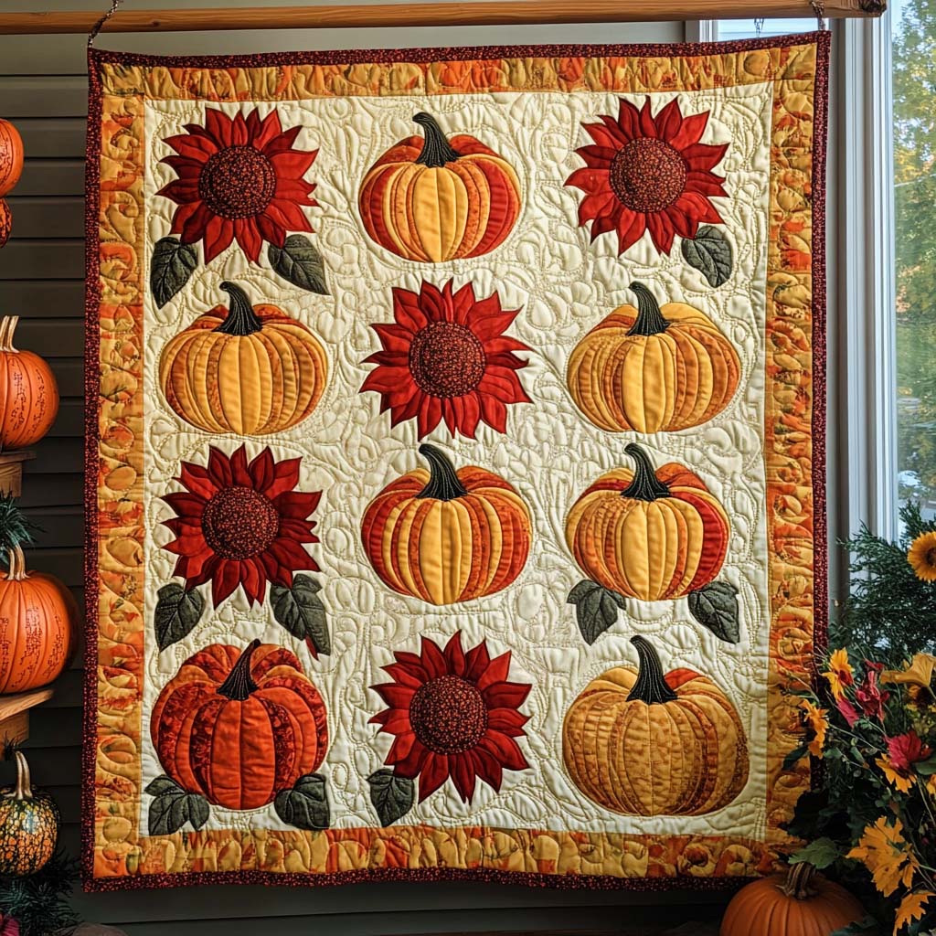 Sunlit Pumpkins Quilted Blanket