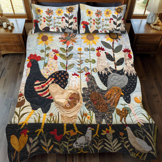 Sunny Chickens 3-Piece Quilted Bedding Set