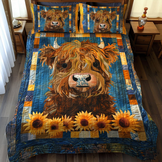 Sunny Highland Cow 3-Piece Quilted Bedding Set