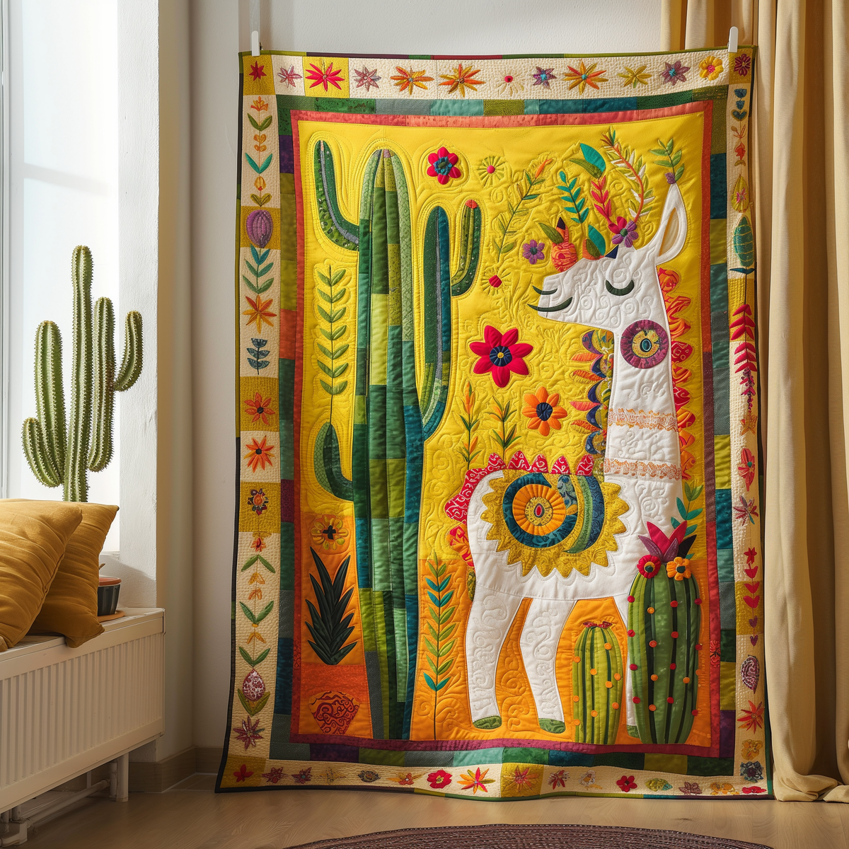 Sunny Llama Cactus Quilted Blanket