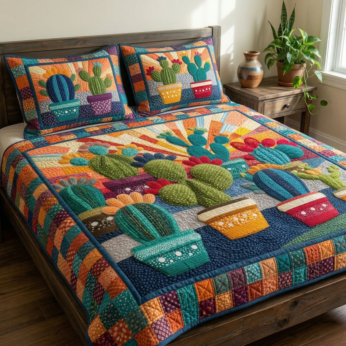 Sunset Desert Cactus 3-Piece Quilted Bedding Set