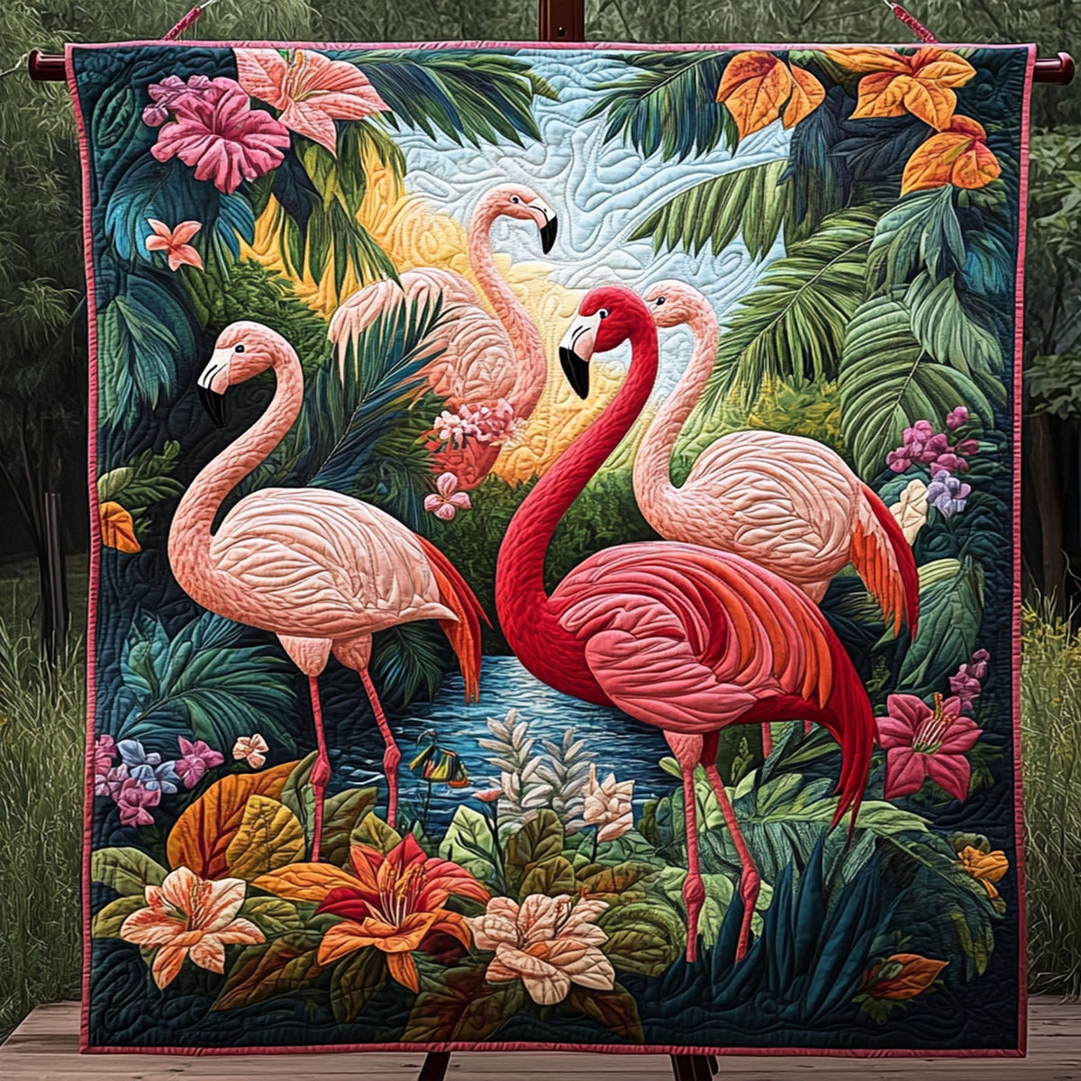 Sunset Flamingos Quilted Blanket