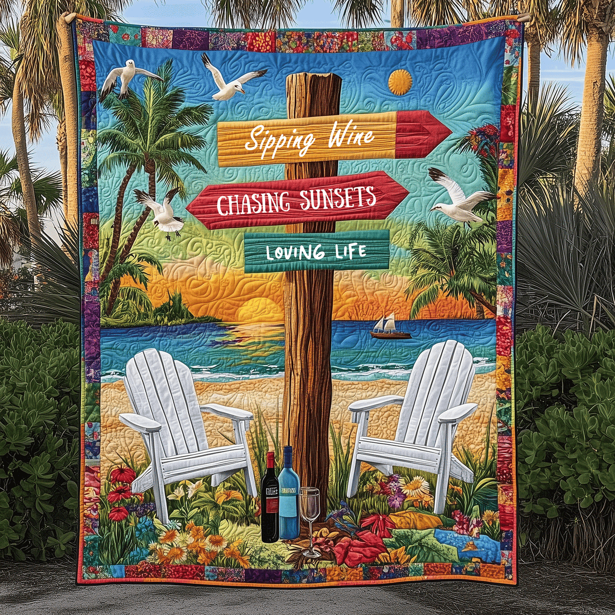 Sunset Seaside Sips Quilted Blanket
