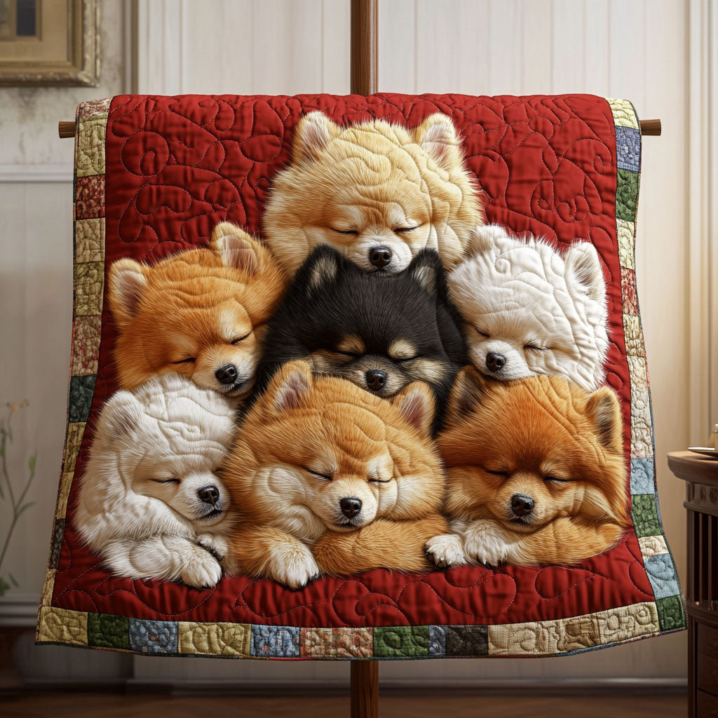 Sweet Pomeranian Moments Quilted Blanket