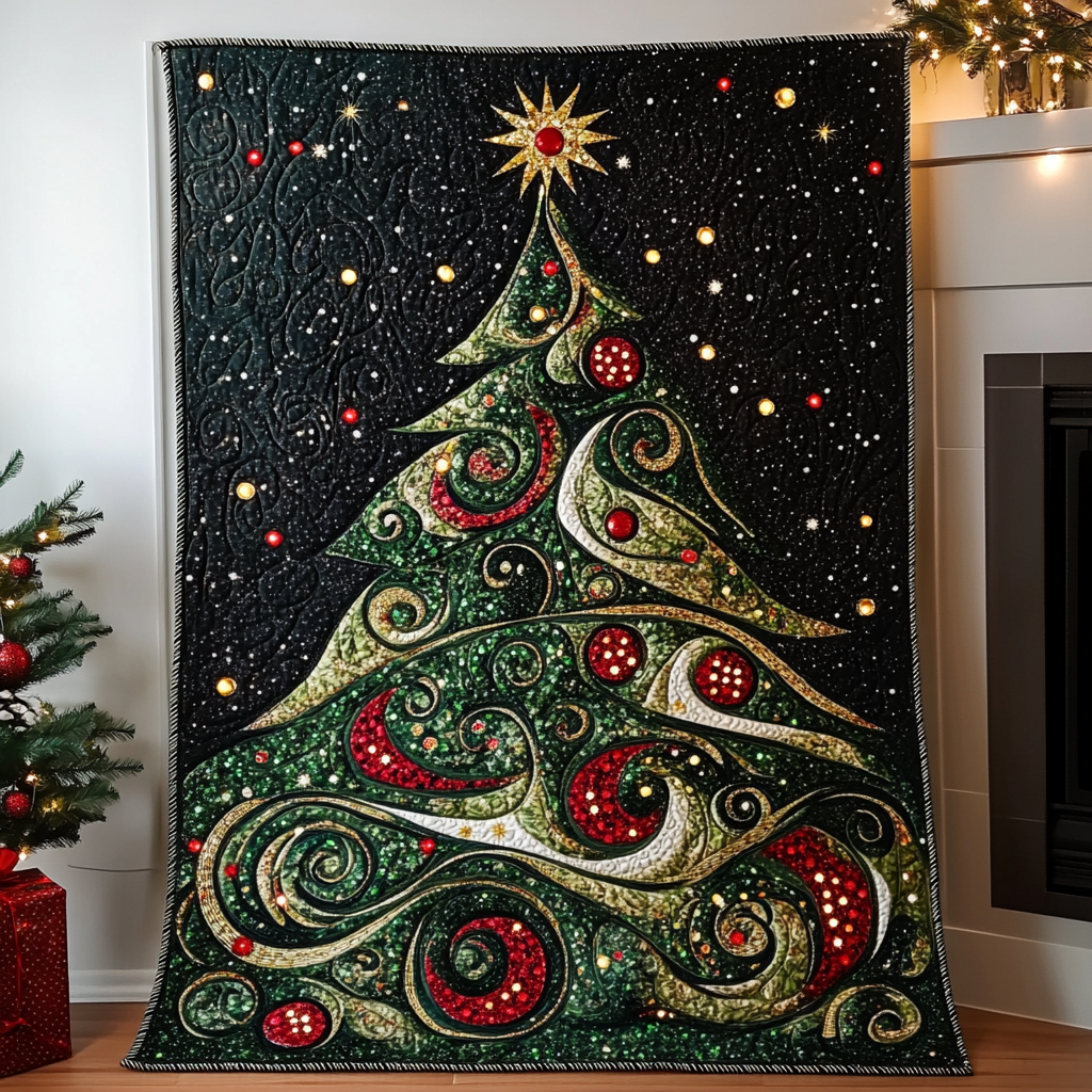 Swirling Holiday Tree Quilted Blanket
