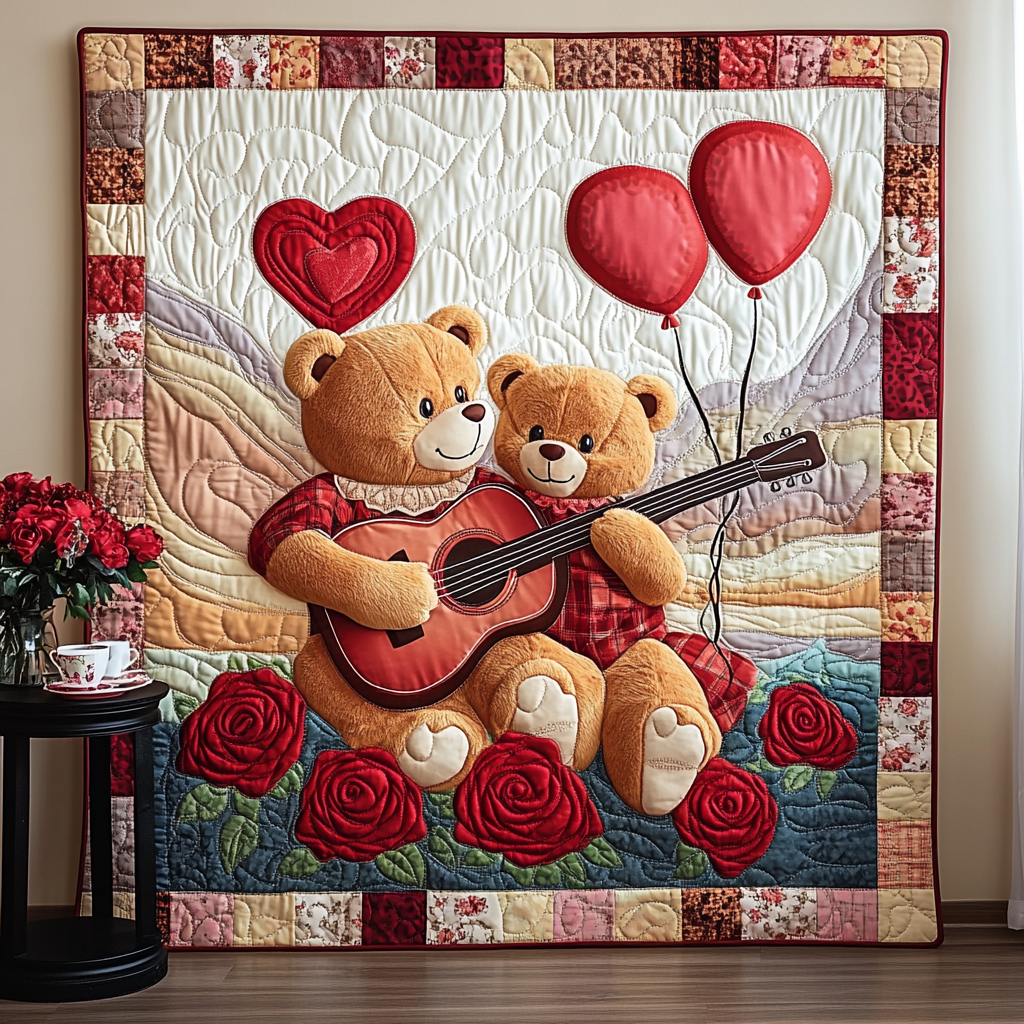 Teddy Heart Strings Quilted Blanket