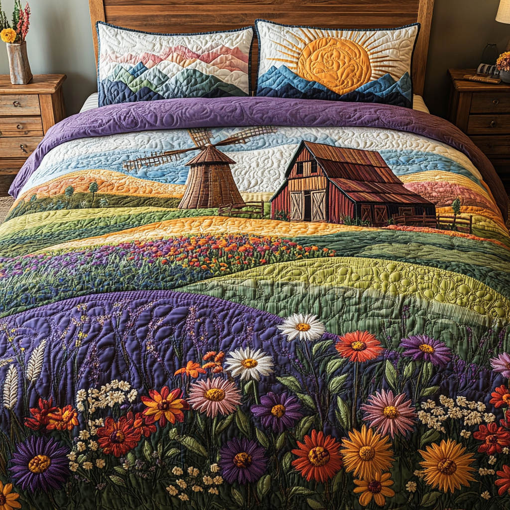 Windmill Landscape 3-Piece Quilted Bedding Set