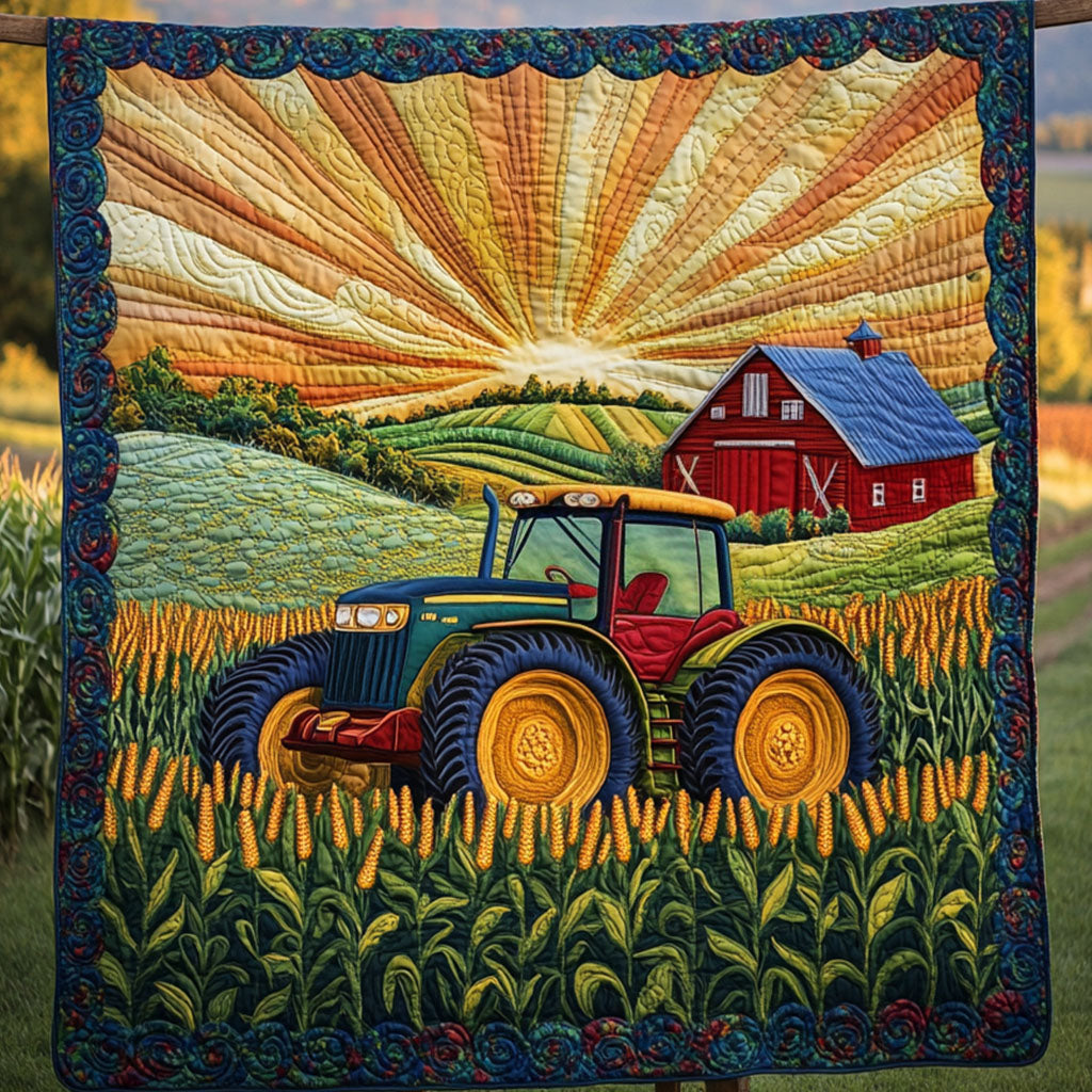 Tractor in Bloom Quilted Blanket
