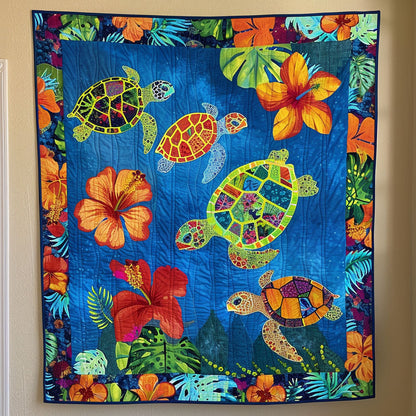 Tropical Turtle Blooms Quilted Blanket