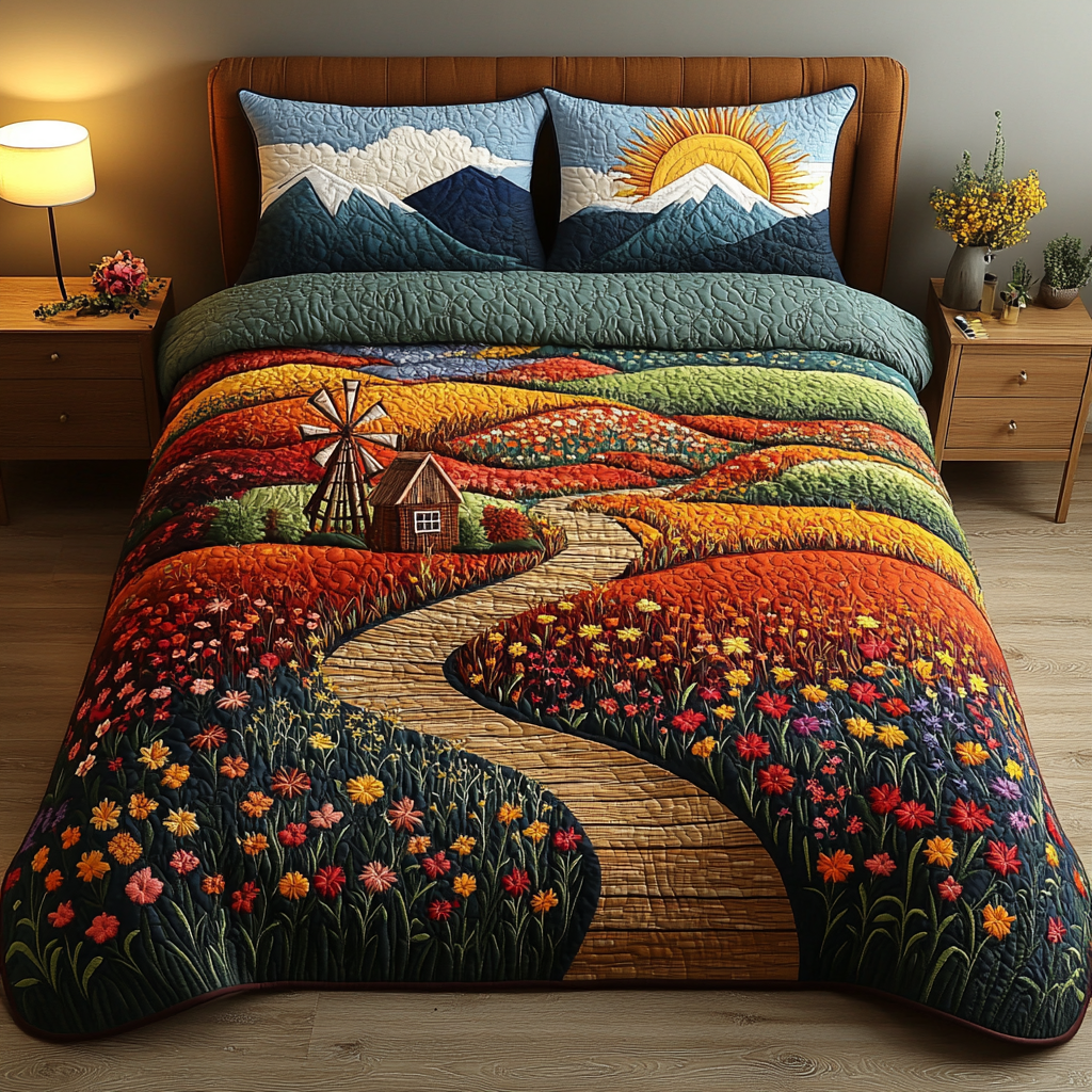 Windmill Landscape 3-Piece Quilted Bedding Set