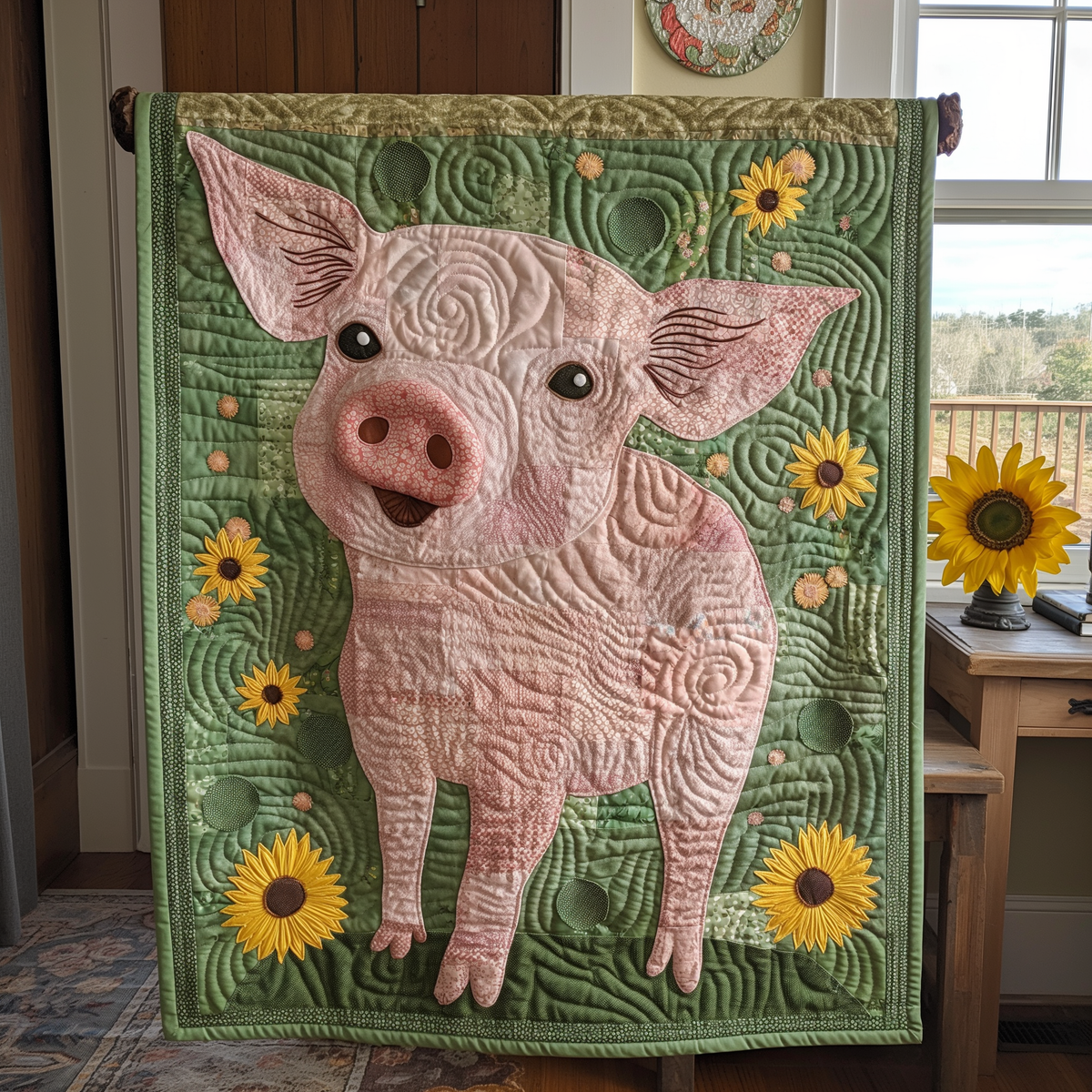 Verdant Sunflower Pig Quilted Blanket