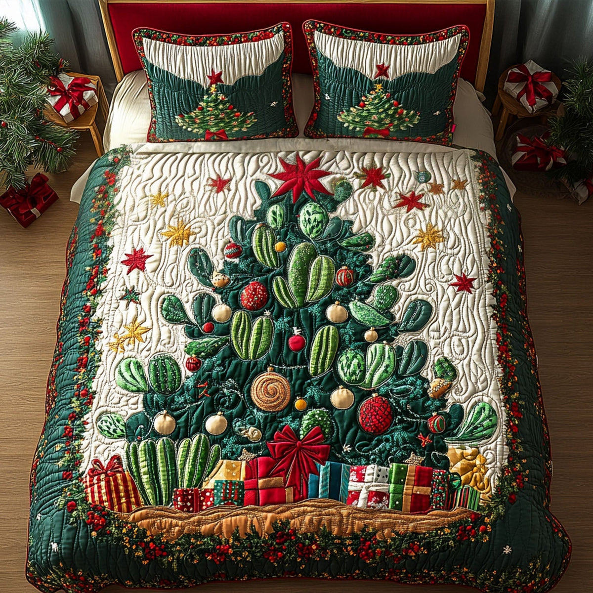 Verdant Succulents 3-Piece Quilted Bedding Set