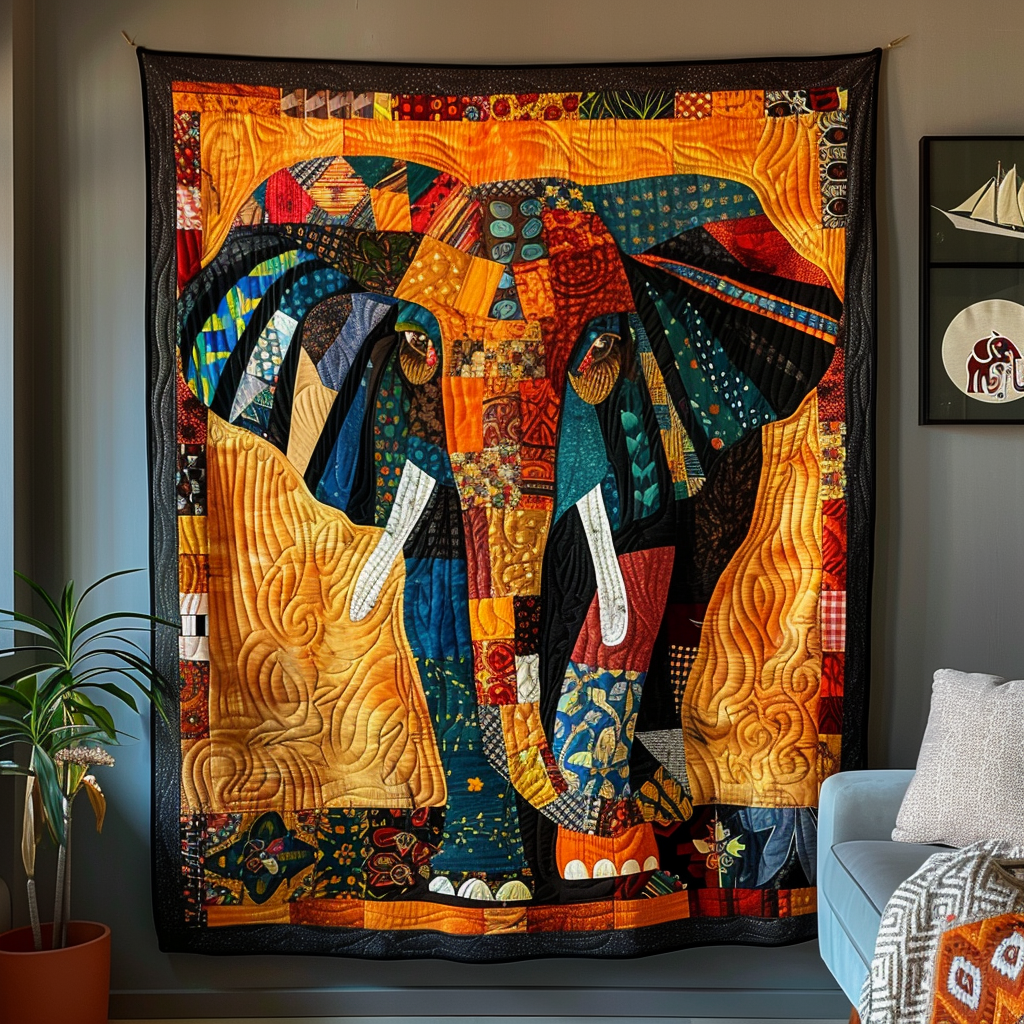 Vibrant Elephant Safari Quilted Blanket