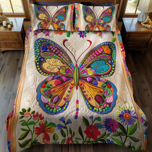 Vibrant Mandala Butterfly 3-Piece Quilted Bedding Set