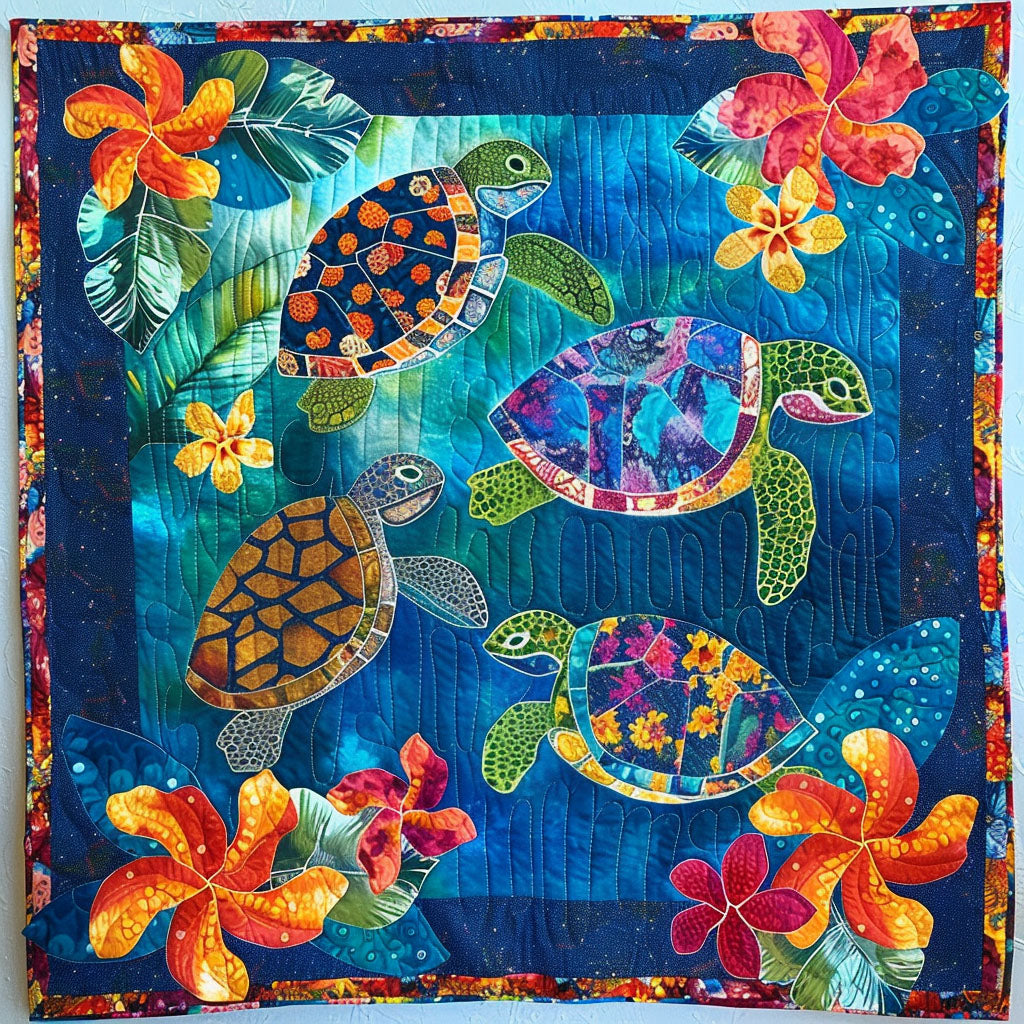 Vibrant Ocean Turtles Quilted Blanket