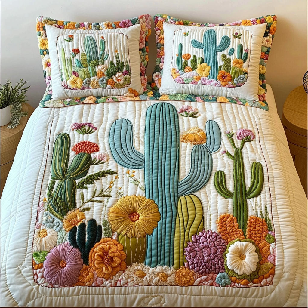 Vibrant Cactus Scene 3-Piece Quilted Bedding Set