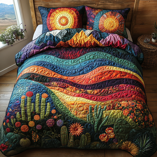 Vibrant Cactus Village 3-Piece Quilted Bedding Set