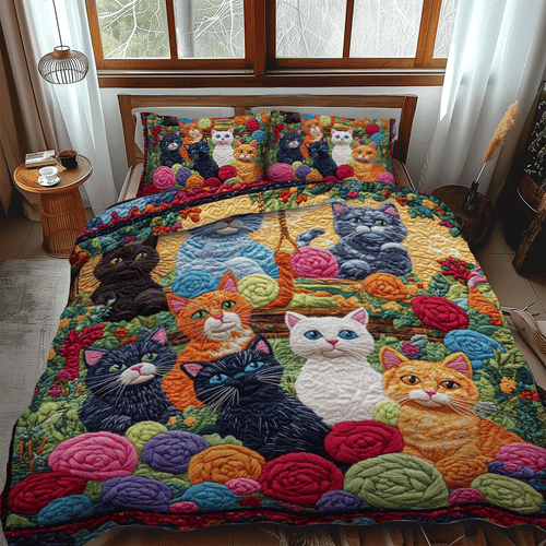 Vibrant Cats And Yarn 3-Piece Quilted Bedding Set