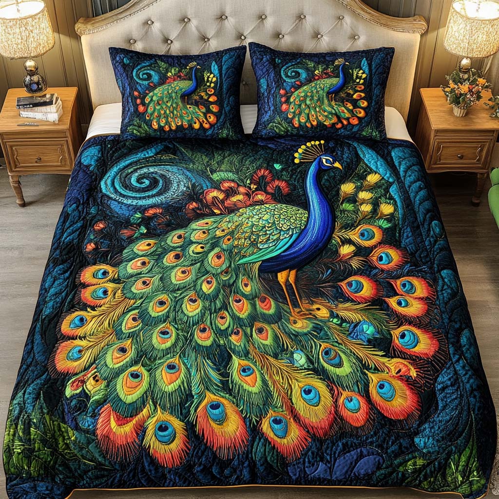 Vibrant Feather Whirl 3-Piece Quilted Bedding Set