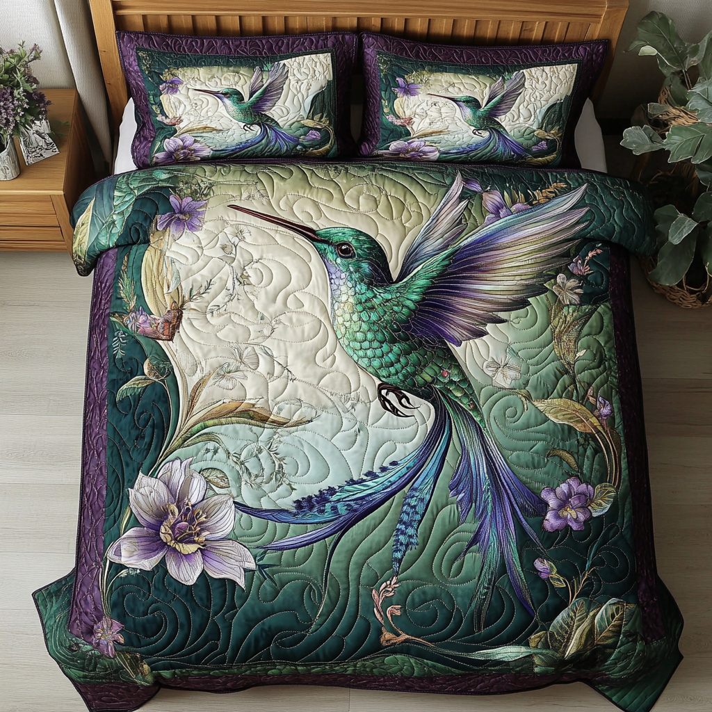 Vibrant Hummingbird 3-Piece Quilted Bedding Set