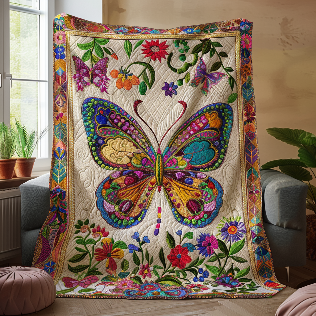 Vibrant Mandala Butterfly Quilted Blanket