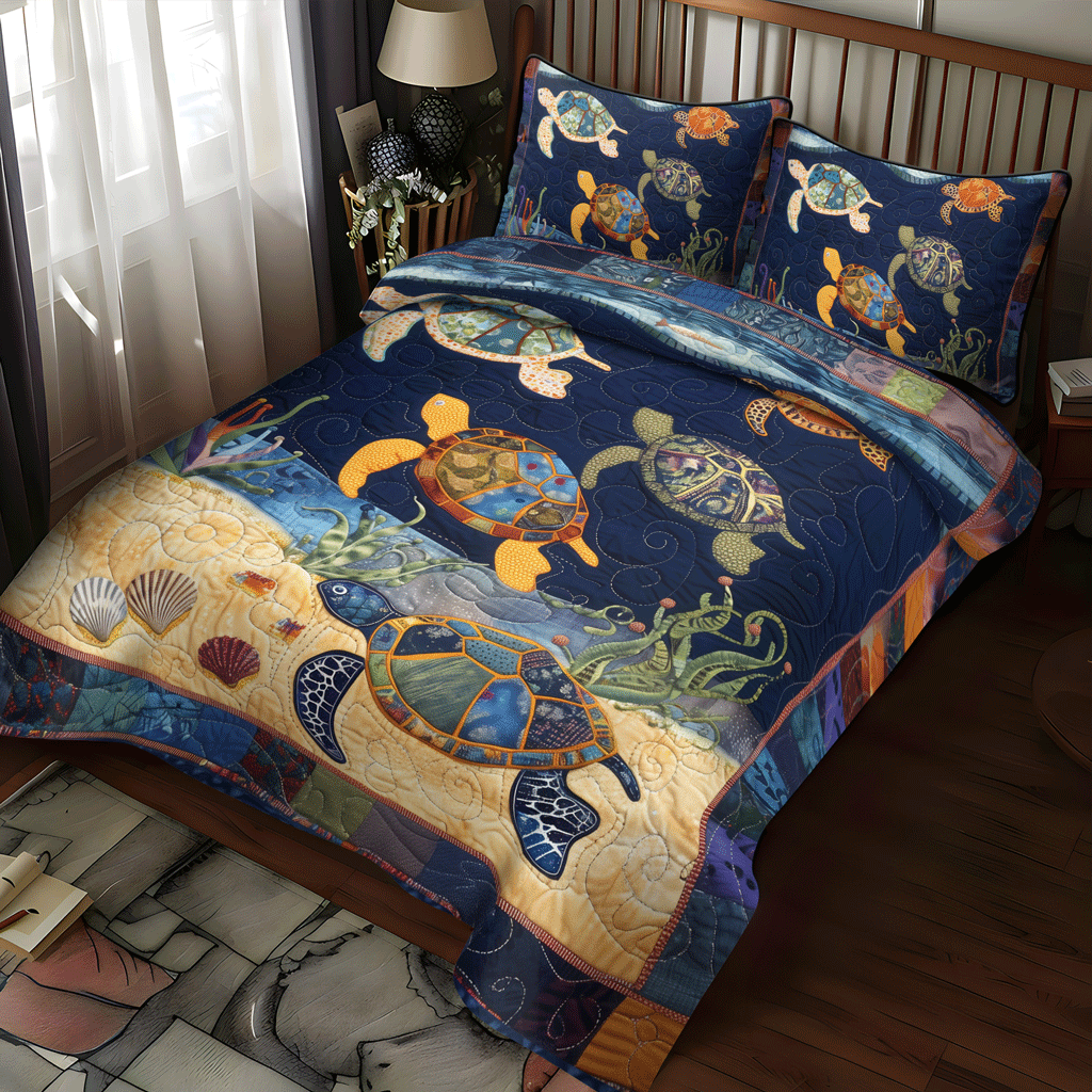 Vibrant Turtle Night 3-Piece Quilted Bedding Set