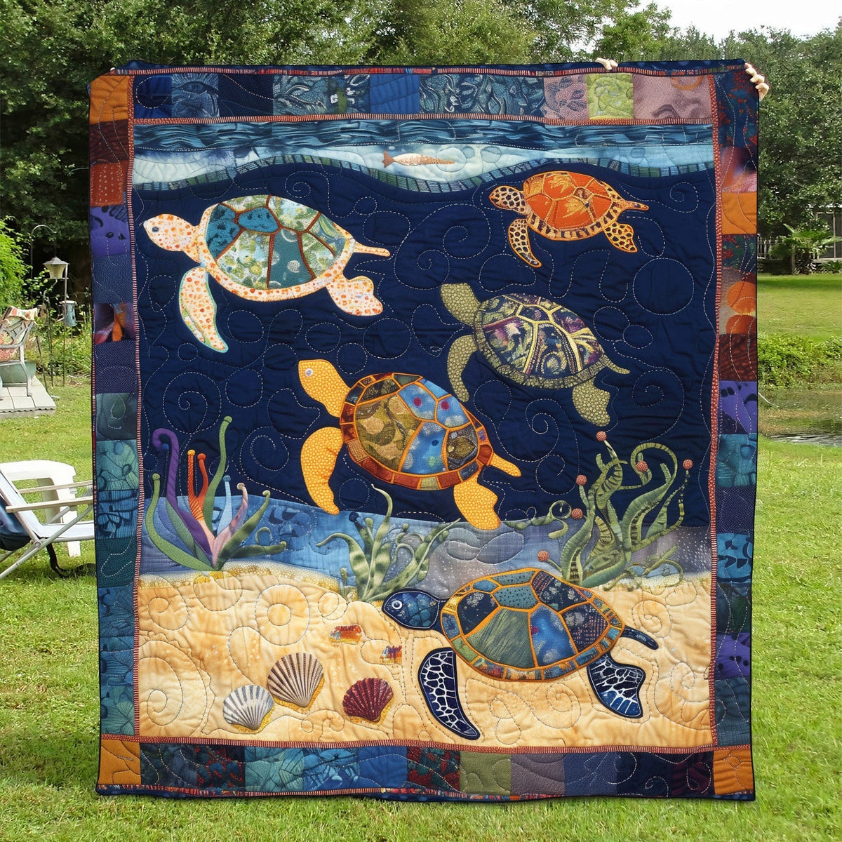 Vibrant Turtle Night Quilted Blanket