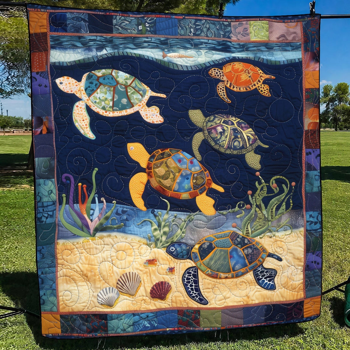 Vibrant Turtle Night Quilted Blanket