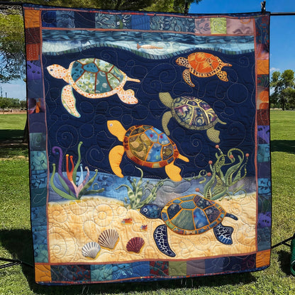 Vibrant Turtle Night Quilted Blanket