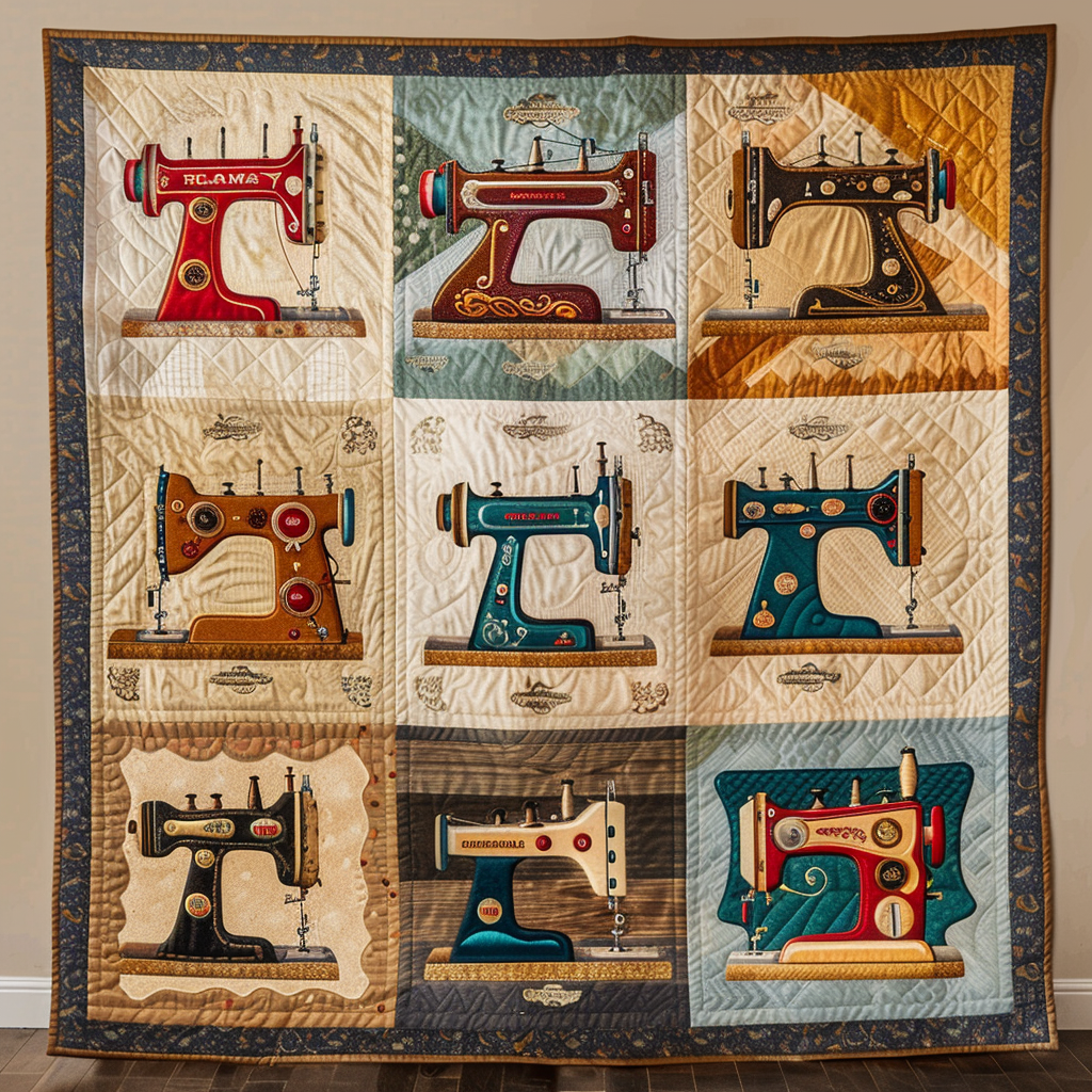 Vintage Sewing Machine Quilted Blanket