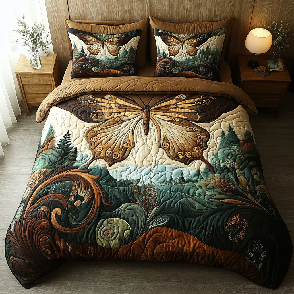 Vintage Butterfly Bloom 3-Piece Quilted Bedding Set