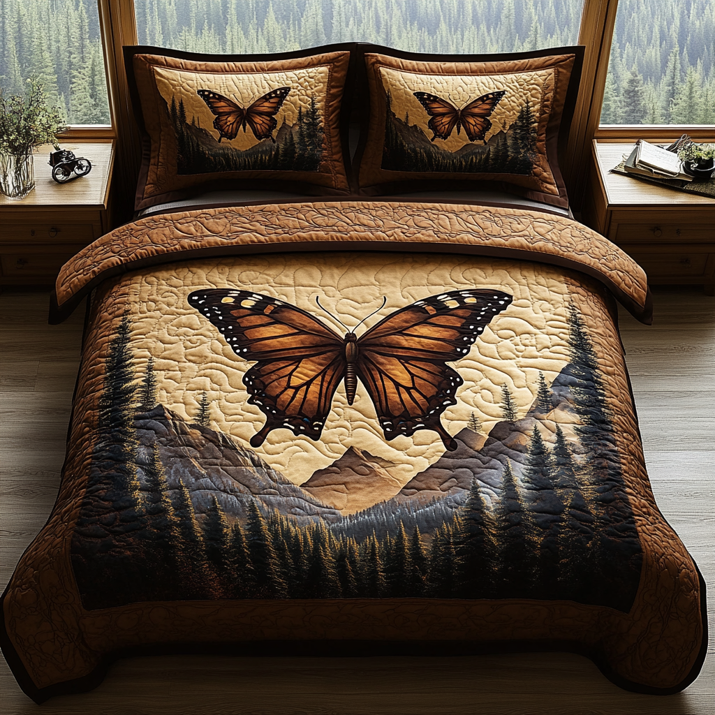 Vintage Butterfly Flight 3-Piece Quilted Bedding Set