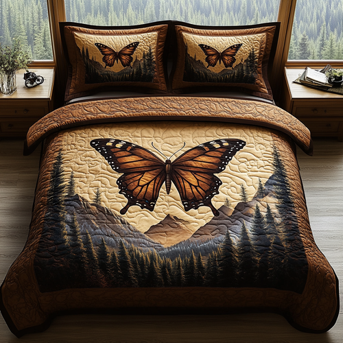 Vintage Butterfly Flight 3-Piece Quilted Bedding Set