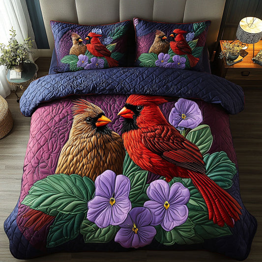 Violet Cardinals 3-Piece Quilted Bedding Set