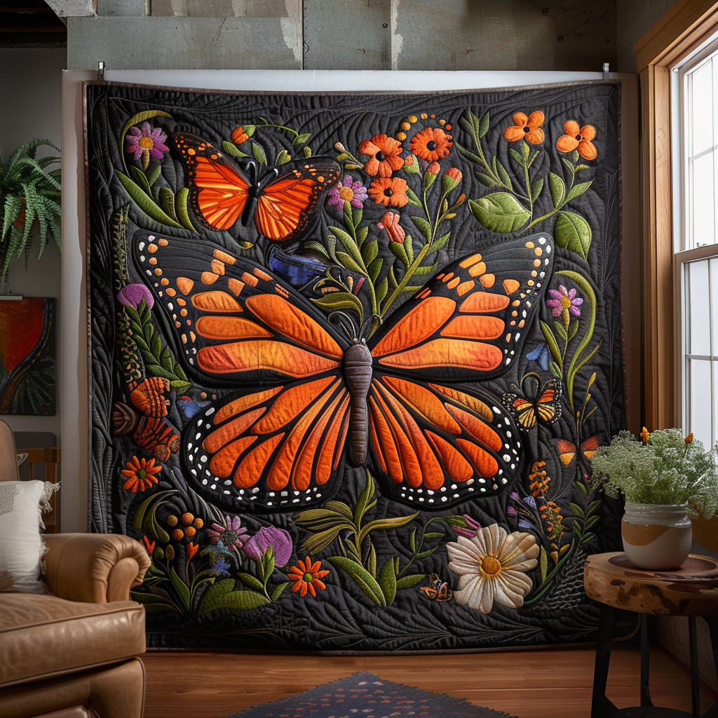 Vivid Monarch Butterflies Quilted Blanket