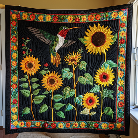 Vivid Hummingbird And Floral Quilted Blanket