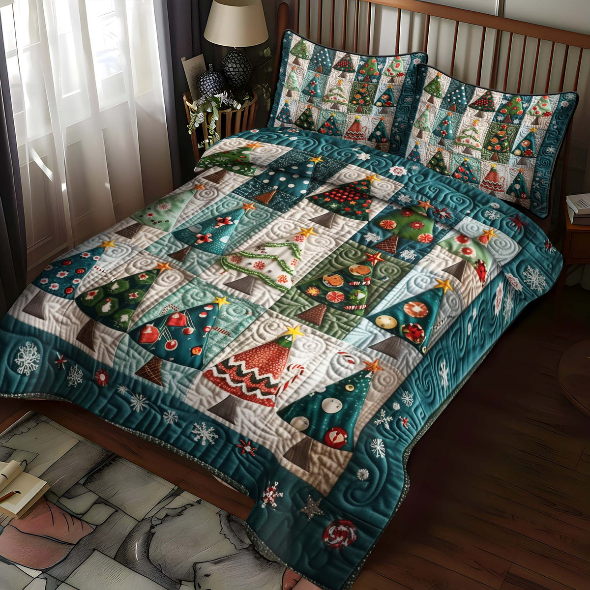 Whimsical Christmas Trees 3-Piece Quilted Bedding Set
