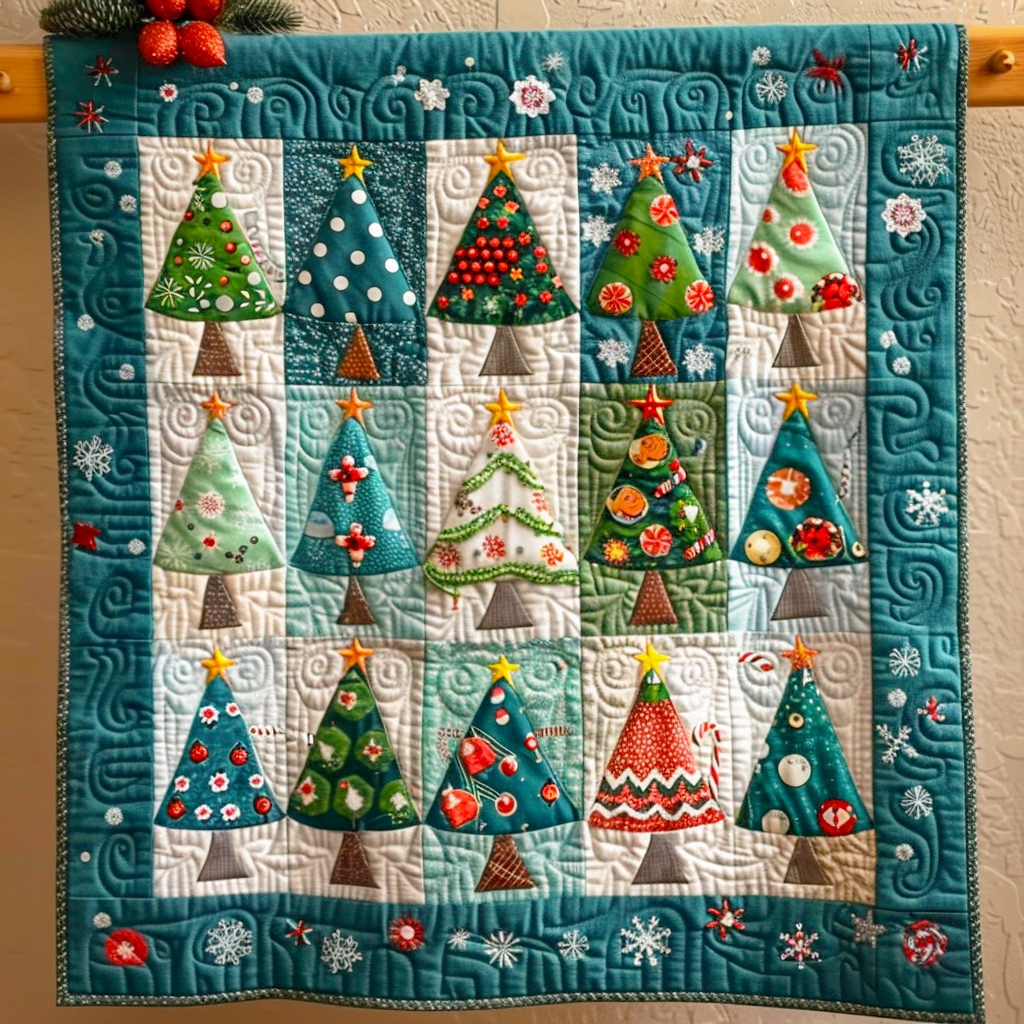 Whimsical Christmas Trees Quilted Blanket