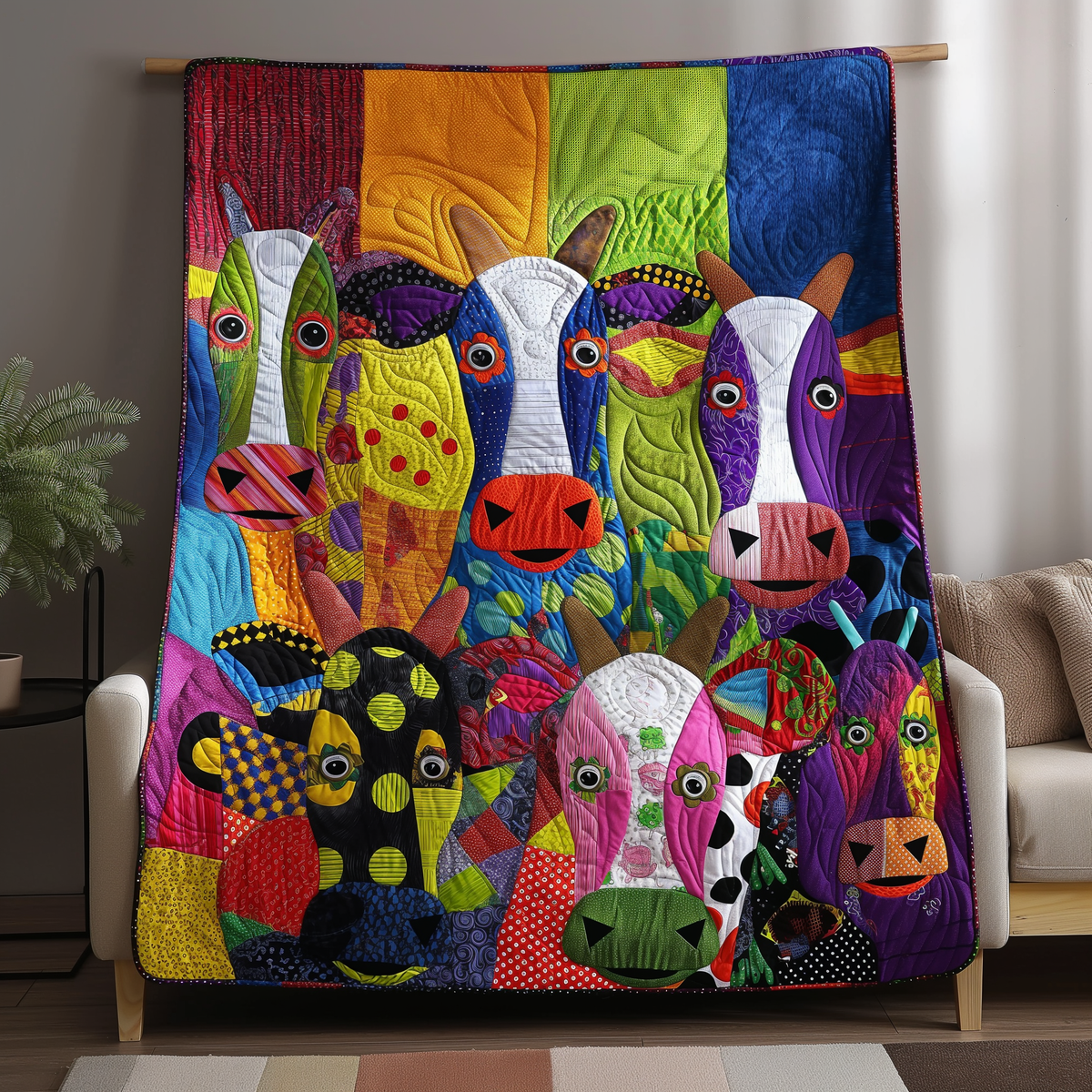 Whimsical Cow Patchwork Quilted Blanket